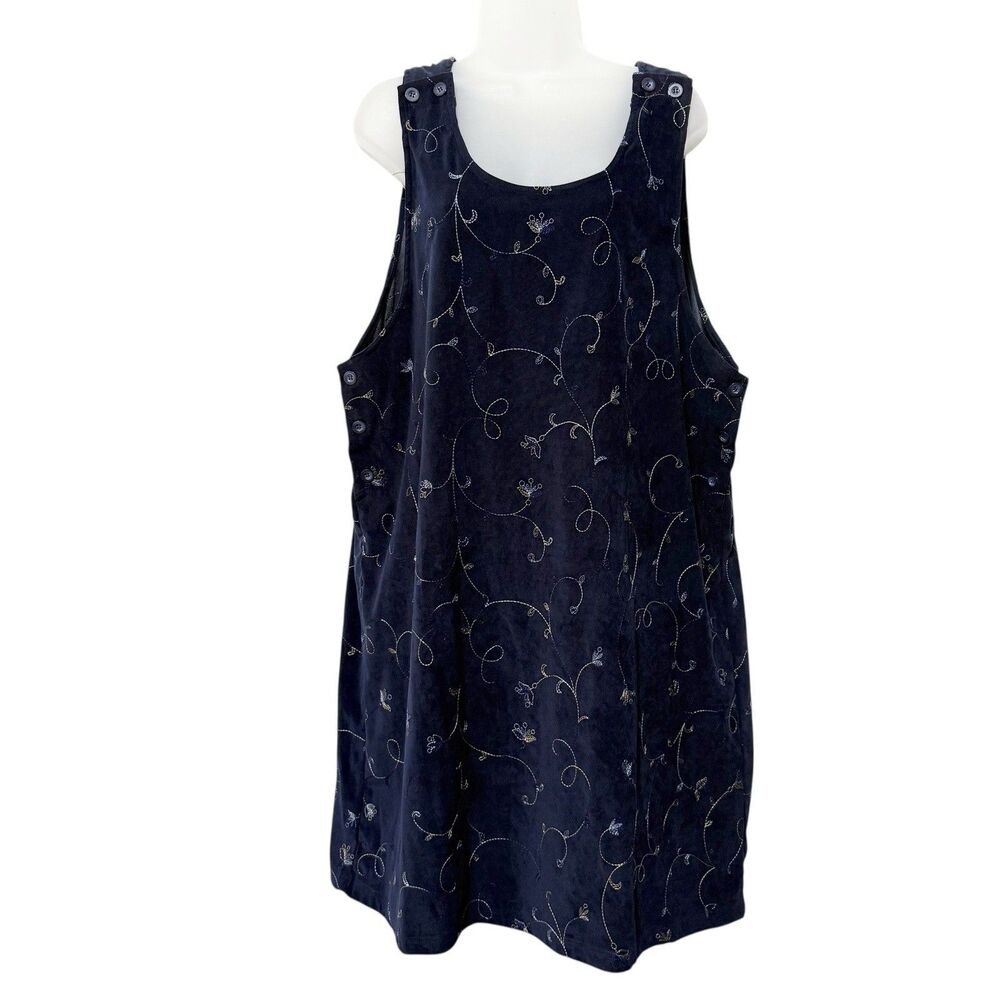 Jennie Lane Jumper Dress Size 1X Navy Blue Embroidered Sleeveless 90s Y2K